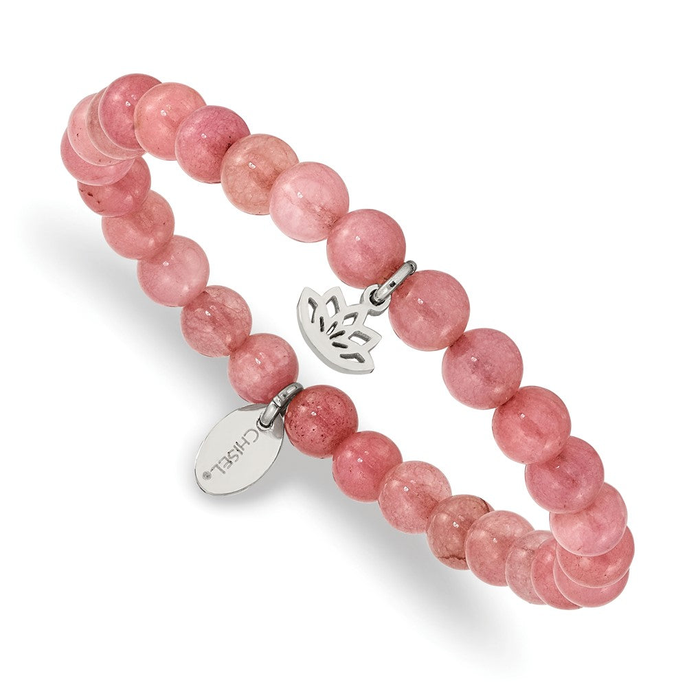 Chisel Stainless Steel Polished Lotus 6mm Pink Jade Beaded Stretch Bracelet SRB2347