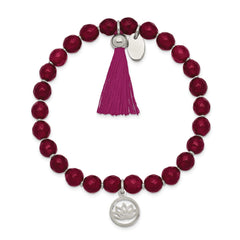 Chisel Stainless Steel Polished Lotus 6mm Pink Jade Beaded Stretch Bracelet with Tassel SRB2349
