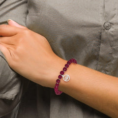 Chisel Stainless Steel Polished Lotus 6mm Pink Jade Beaded Stretch Bracelet with Tassel SRB2349