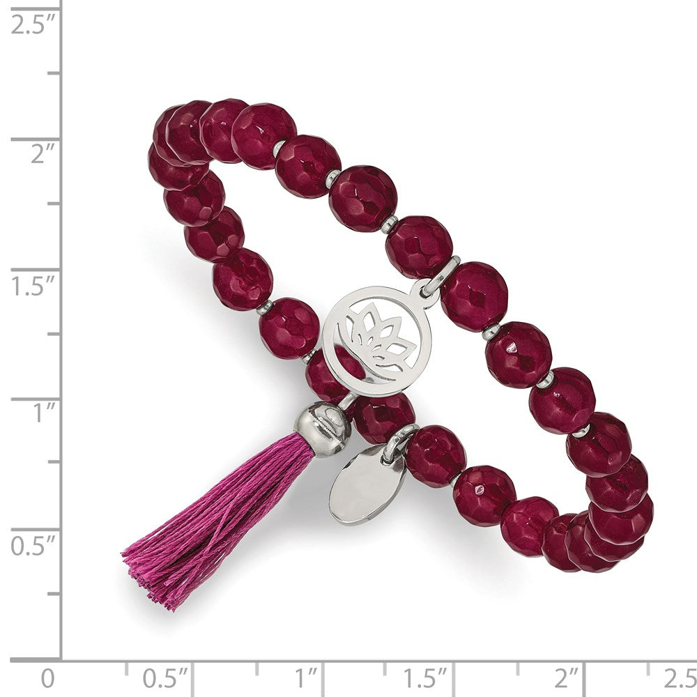 Chisel Stainless Steel Polished Lotus 6mm Pink Jade Beaded Stretch Bracelet with Tassel SRB2349
