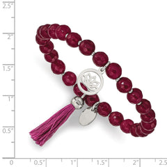 Chisel Stainless Steel Polished Lotus 6mm Pink Jade Beaded Stretch Bracelet with Tassel SRB2349