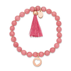 Chisel Stainless Steel Polished Rose IP-plated Heart 6mm Pink Jade Beaded Stretch Bracelet with Tassel SRB2353