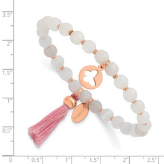 Chisel Stainless Steel Polished Rose IP-plated Butterfly 6mm Pink Agate Beaded Stretch Bracelet with Tassel SRB2356