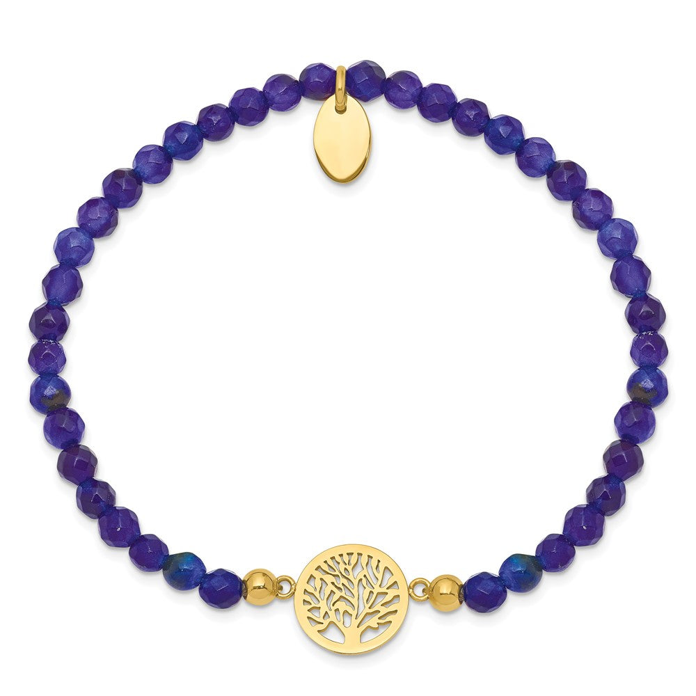 Chisel Stainless Steel Polished Yellow IP-plated Tree of Life 4mm Blue Jade Beaded Stretch Bracelet SRB2359