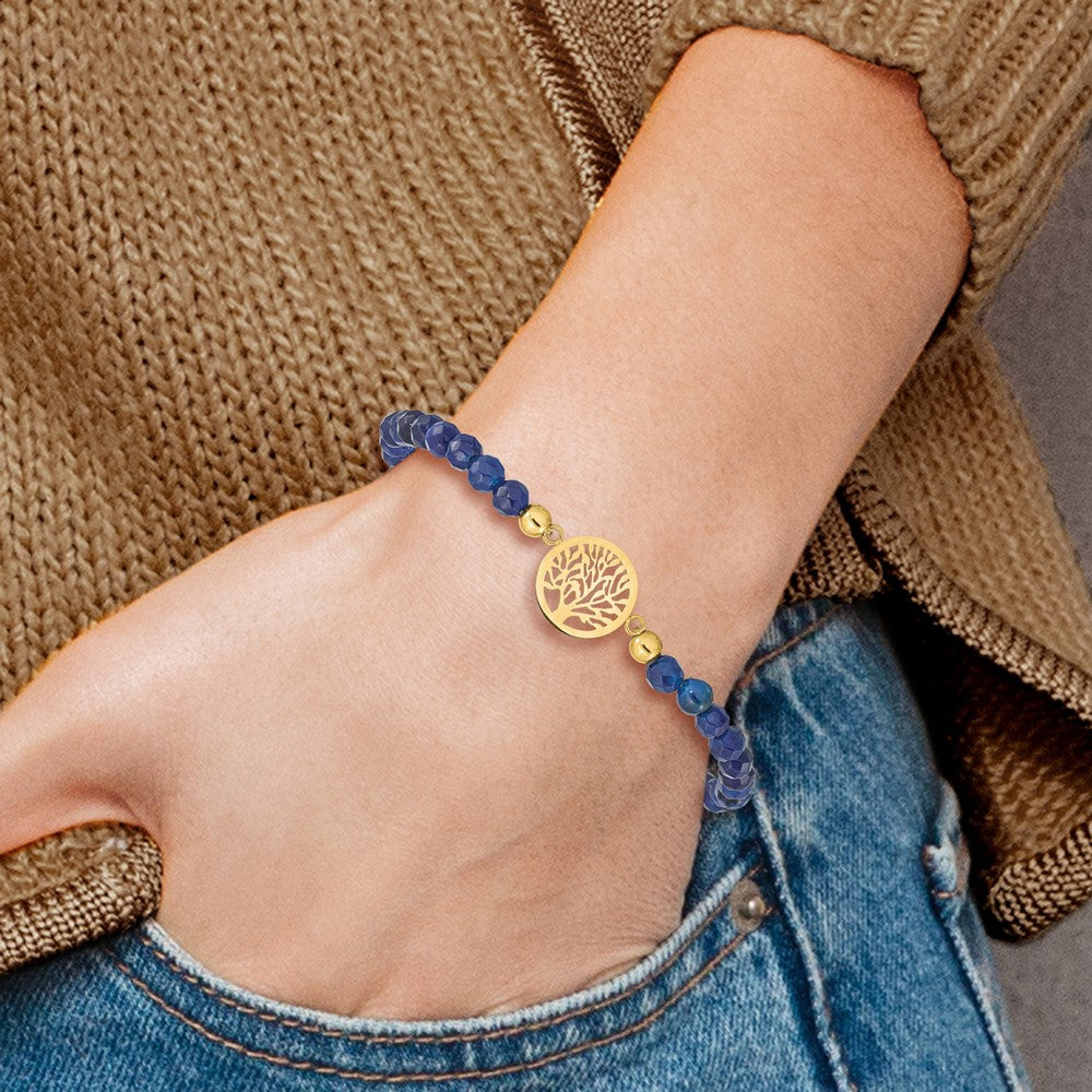 Chisel Stainless Steel Polished Yellow IP-plated Tree of Life 4mm Blue Jade Beaded Stretch Bracelet SRB2359