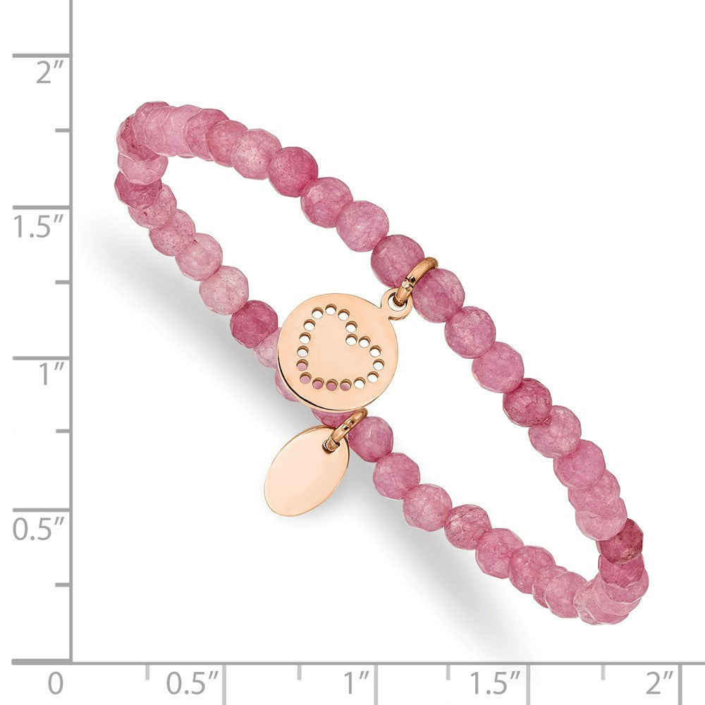 Chisel Stainless Steel Polished Rose IP-plated Heart 4mm Pink Jade Beaded Stretch Bracelet SRB2361