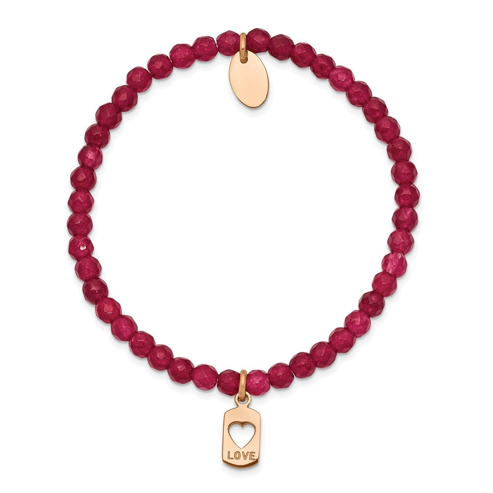 Chisel Stainless Steel Polished Rose IP-plated LOVE 4mm Red Jade Beaded Stretch Bracelet SRB2362