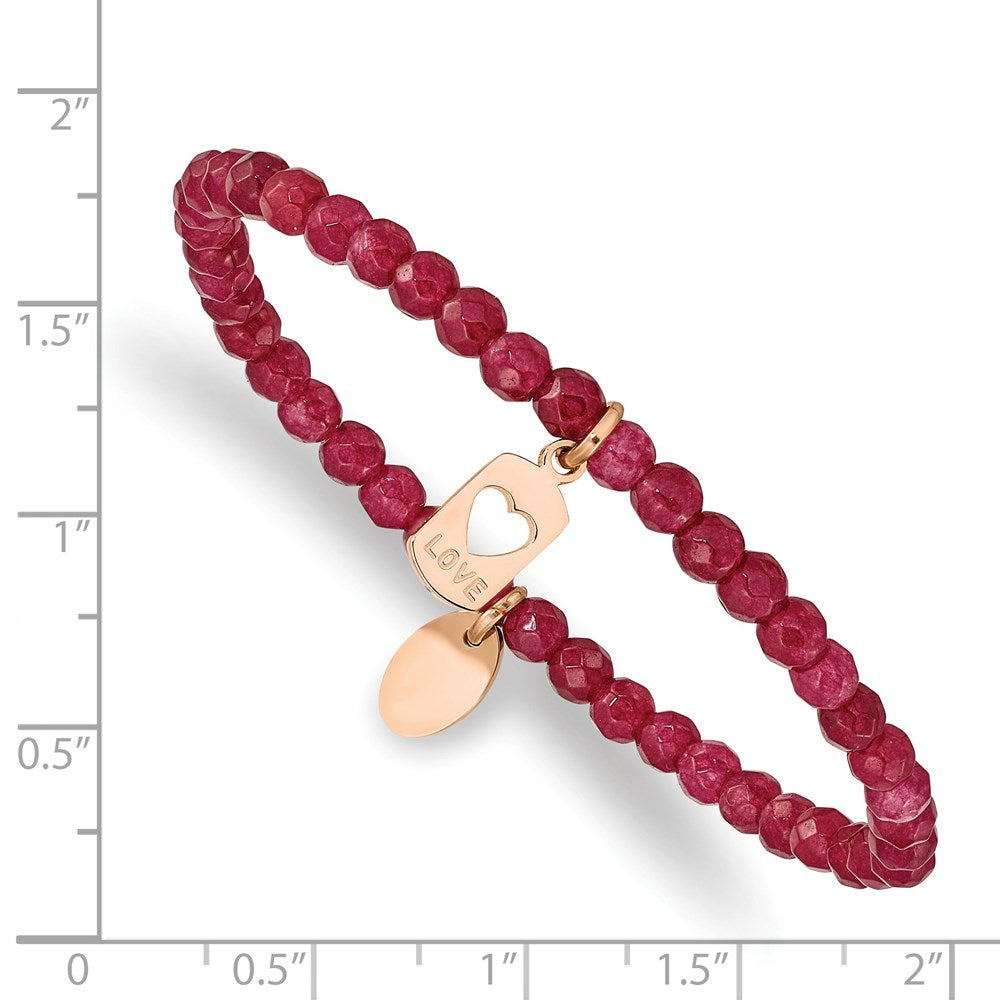 Chisel Stainless Steel Polished Rose IP-plated LOVE 4mm Red Jade Beaded Stretch Bracelet SRB2362