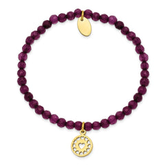 Chisel Stainless Steel Polished Yellow IP-plated Heart 4mm Dark Purple Jade Beaded Stretch Bracelet SRB2364