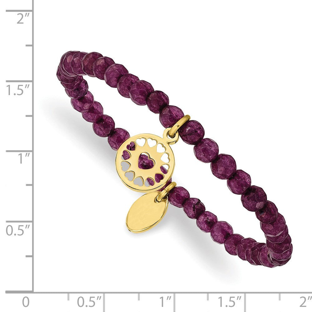 Chisel Stainless Steel Polished Yellow IP-plated Heart 4mm Dark Purple Jade Beaded Stretch Bracelet SRB2364