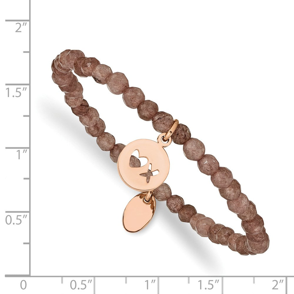 Chisel Stainless Steel Polished Rose IP-plated XO 4mm Brown Jade Beaded Stretch Bracelet SRB2366