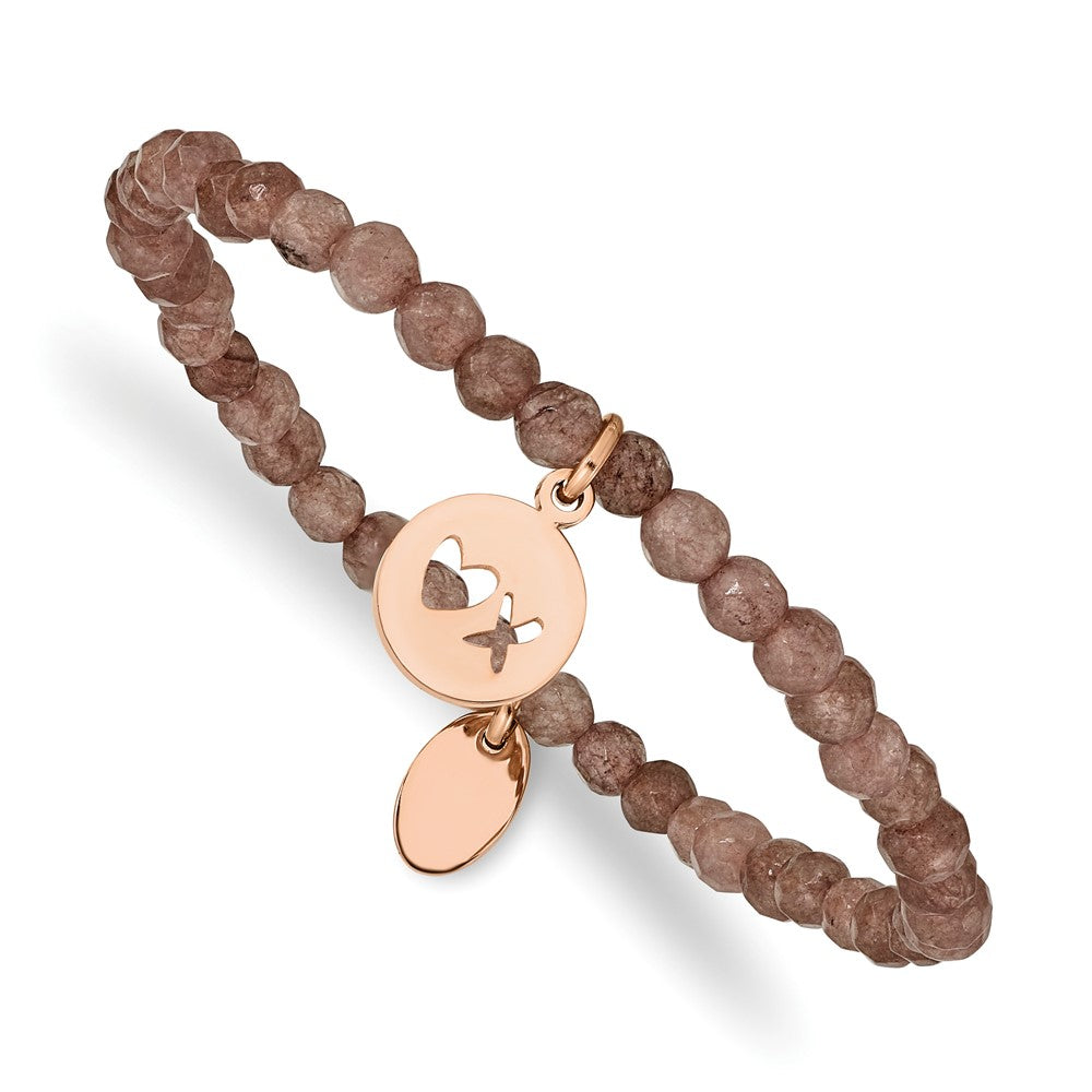 Chisel Stainless Steel Polished Rose IP-plated XO 4mm Brown Jade Beaded Stretch Bracelet SRB2366