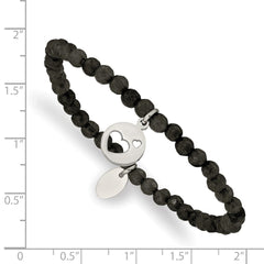 Chisel Stainless Steel Polished Hearts 4mm Black Jade Beaded Stretch Bracelet SRB2368