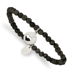 Chisel Stainless Steel Polished Hearts 4mm Black Jade Beaded Stretch Bracelet SRB2368