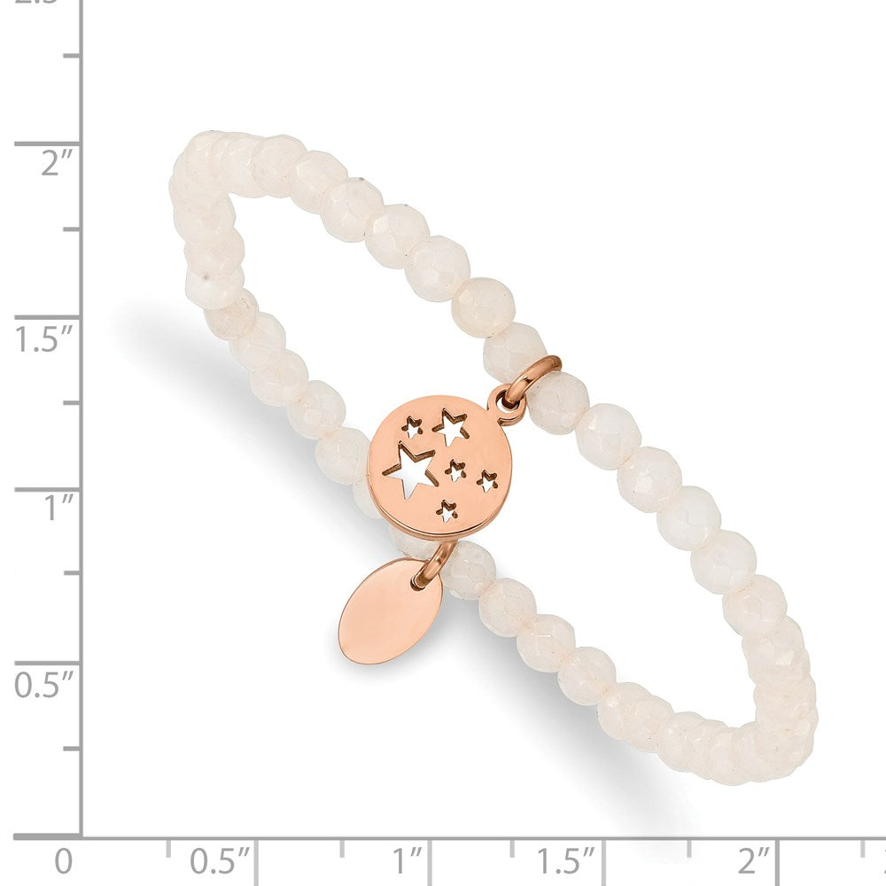 Chisel Stainless Steel Polished Rose IP-plated Stars 4mm White Jade Beaded Stretch Bracelet SRB2369