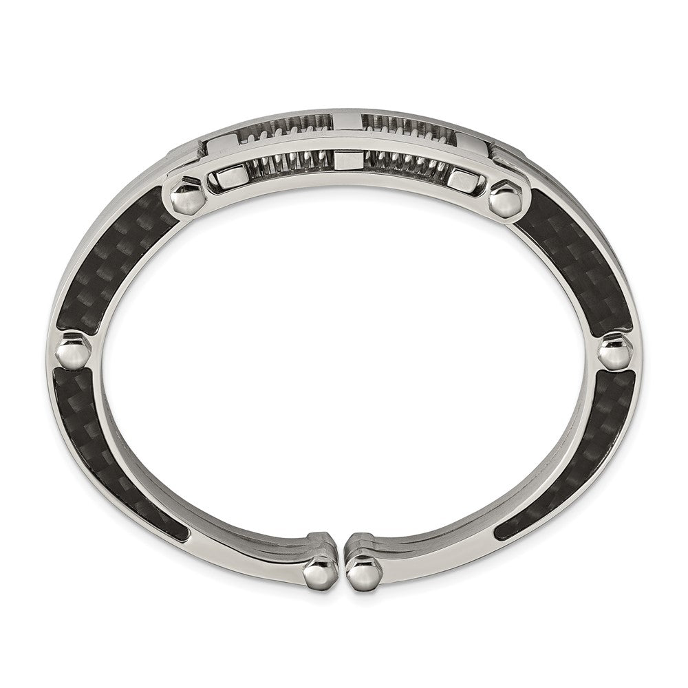 Chisel Stainless Steel Brushed and Polished with Black Carbon Fiber Inlay Hinged Bangle SRB237