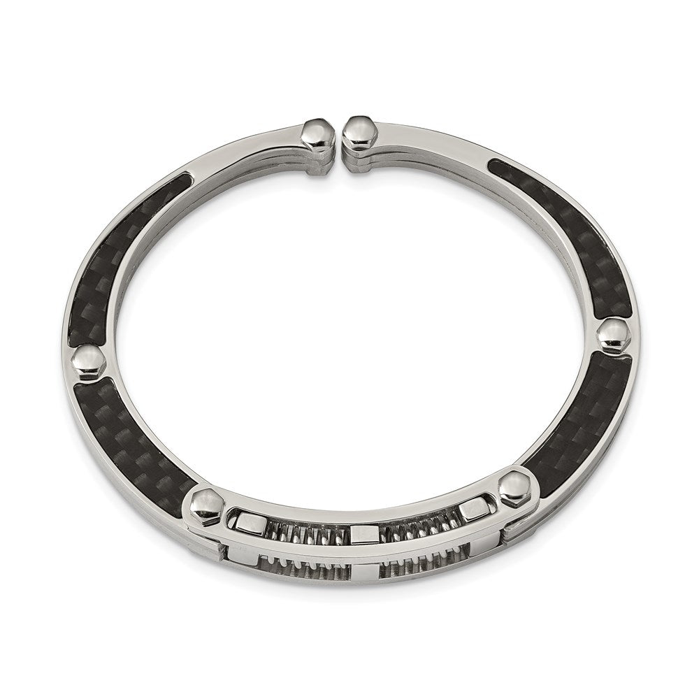 Chisel Stainless Steel Brushed and Polished with Black Carbon Fiber Inlay Hinged Bangle SRB237