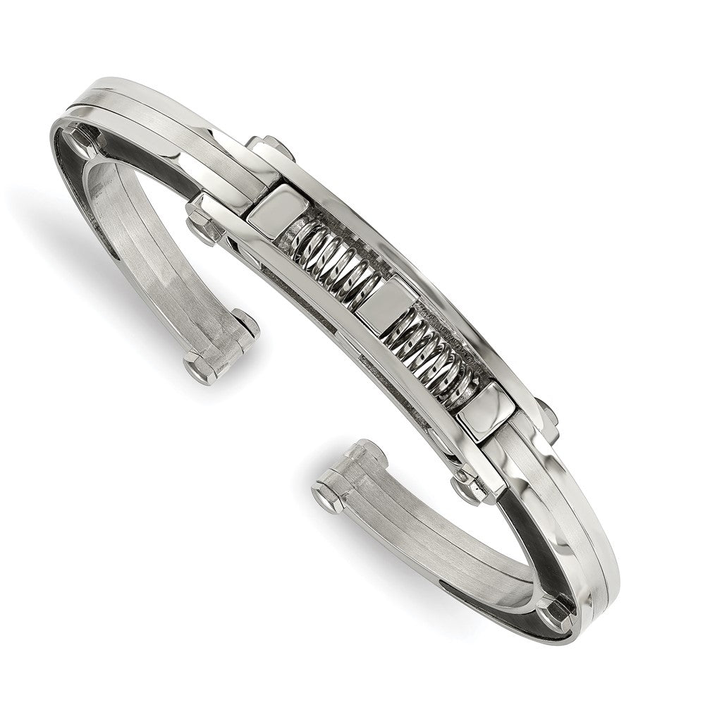 Chisel Stainless Steel Brushed and Polished with Black Carbon Fiber Inlay Hinged Bangle SRB237