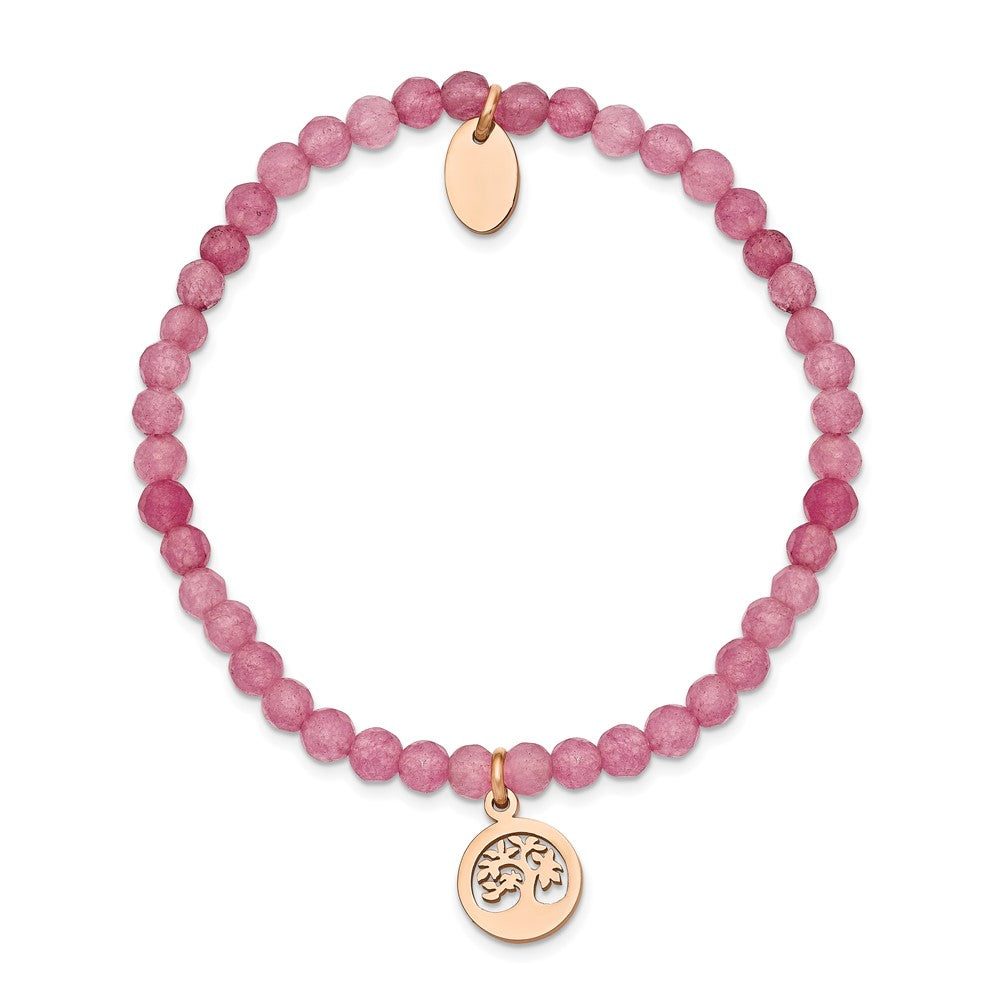Chisel Stainless Steel Polished Rose IP-plated Tree 4mm Pink Jade Beaded Stretch Bracelet SRB2370