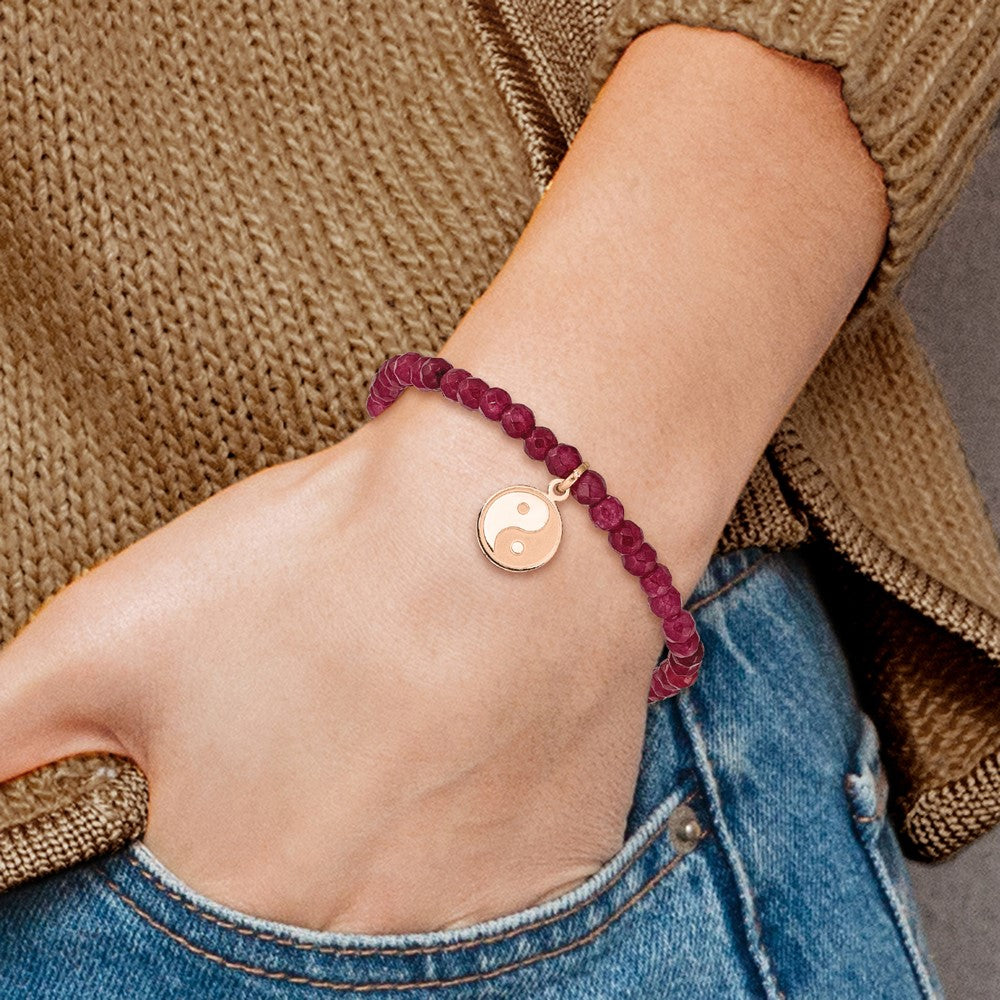 Chisel Stainless Steel Polished and Satin Rose IP-plated YingYang 4mm Red Jade Beaded Stretch Bracelet SRB2371