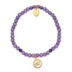 Chisel Stainless Steel Polished Yellow IP-plated Eye of Horus 4mm Purple Jade Beaded Stretch Bracelet SRB2372