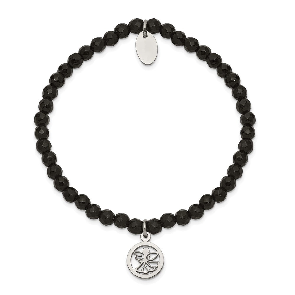 Chisel Stainless Steel Polished Angel 4mm Black Jade Beaded Stretch Bracelet SRB2377