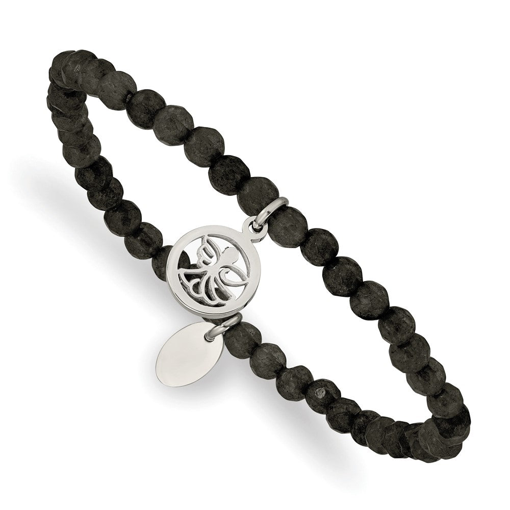 Chisel Stainless Steel Polished Angel 4mm Black Jade Beaded Stretch Bracelet SRB2377