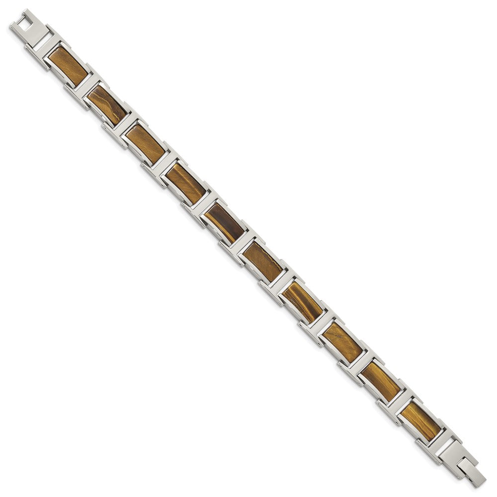 Chsiel Stainless Steel Polished with Tiger's Eye Inlay 8.5 inch Link Bracelet SRB2379-8.5