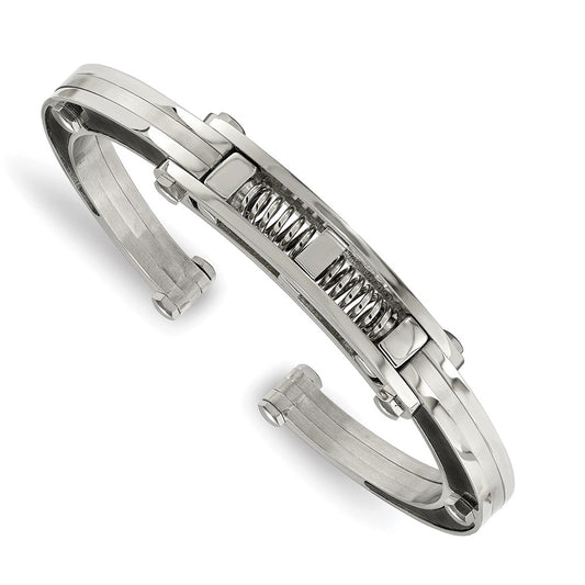 Chisel Stainless Steel Brushed and Polished with Black Carbon Fiber Inlay Hinged Bangle SRB237