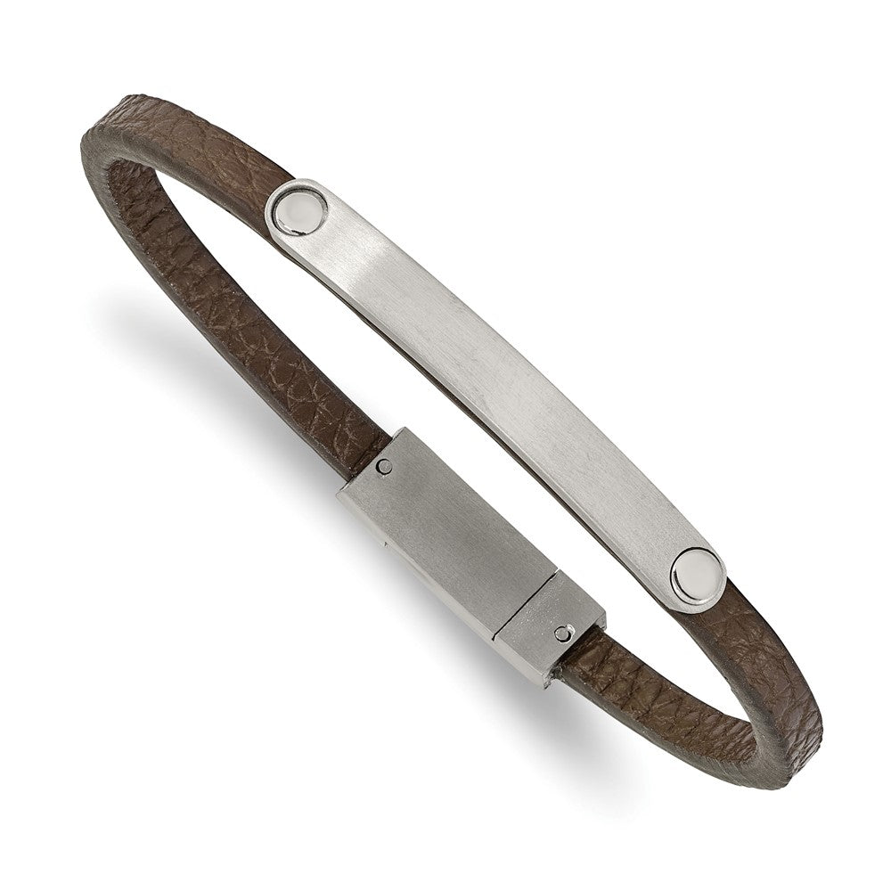 Chisel Stainless Steel Brushed Brown Leather 8.25 inch ID Bracelet SRB2384-8.25