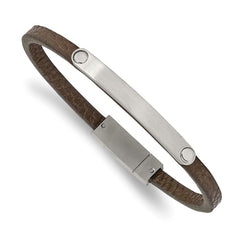 Chisel Stainless Steel Brushed Brown Leather 8.25 inch ID Bracelet SRB2384-8.25