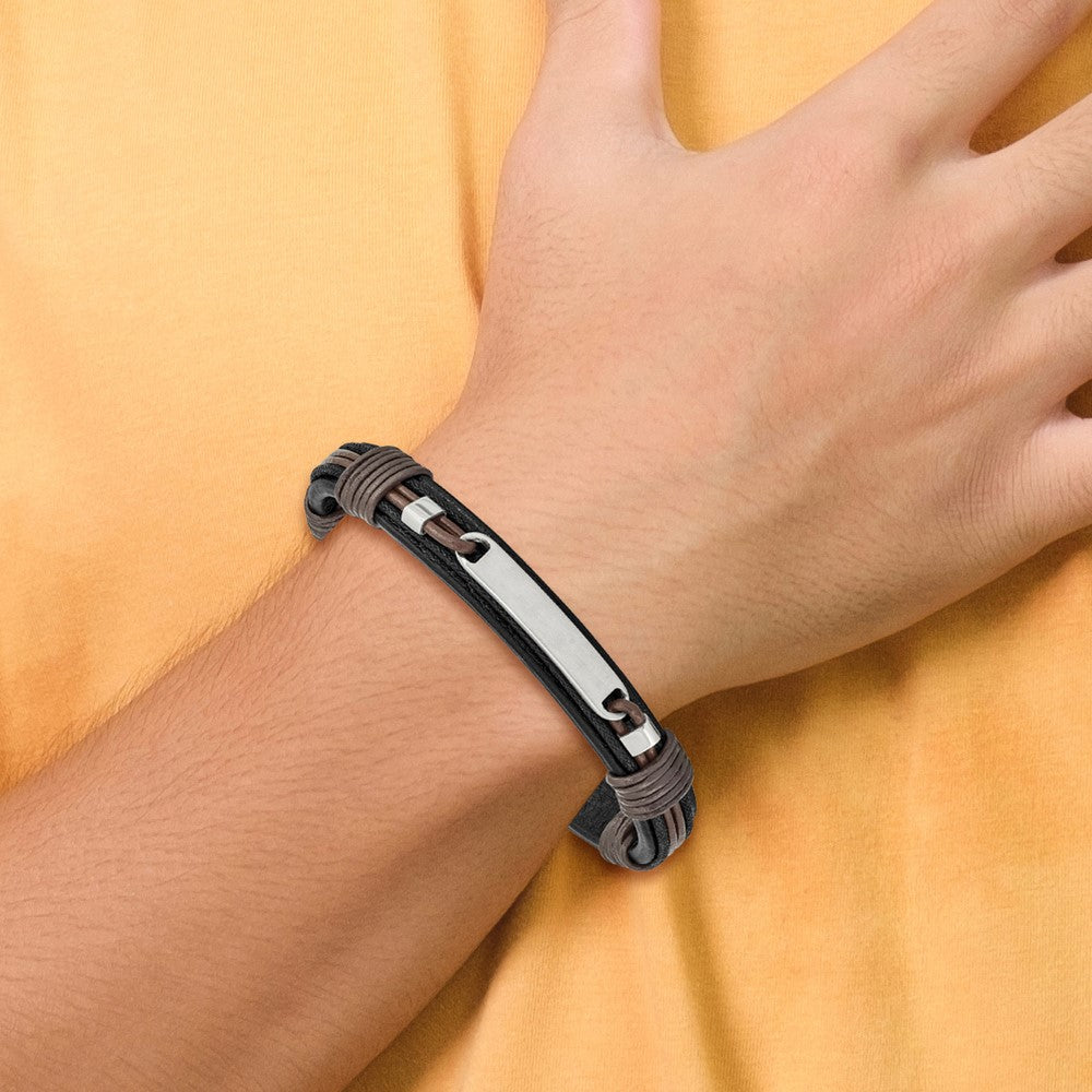 Chisel Stainless Steel Polished Black and Brown Leather 8.25 inch ID Bracelet SRB2385-8.25