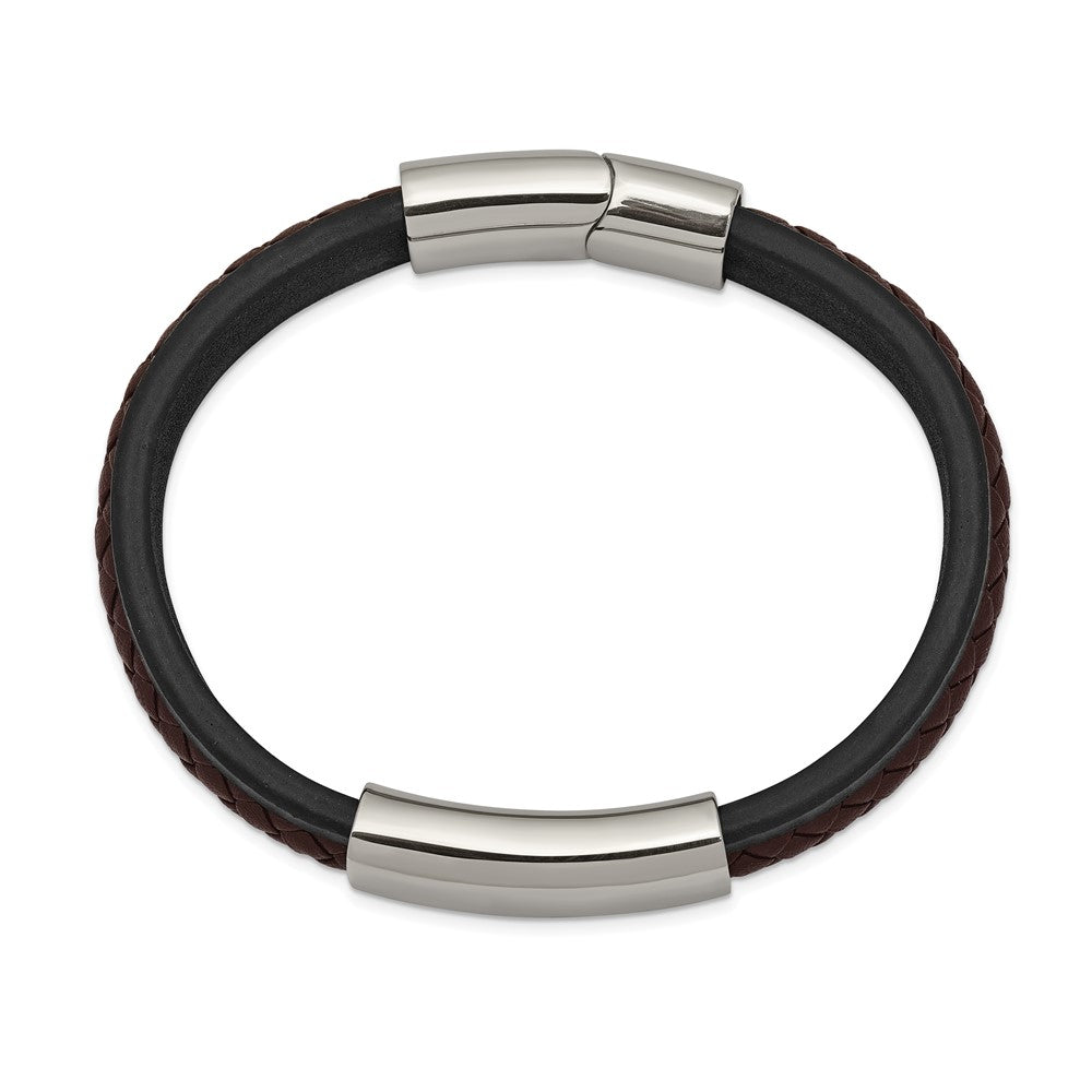 Chisel Stainless Steel Polished Black and Brown Braided Leather 8.25 inch ID Bracelet SRB2400-8.25