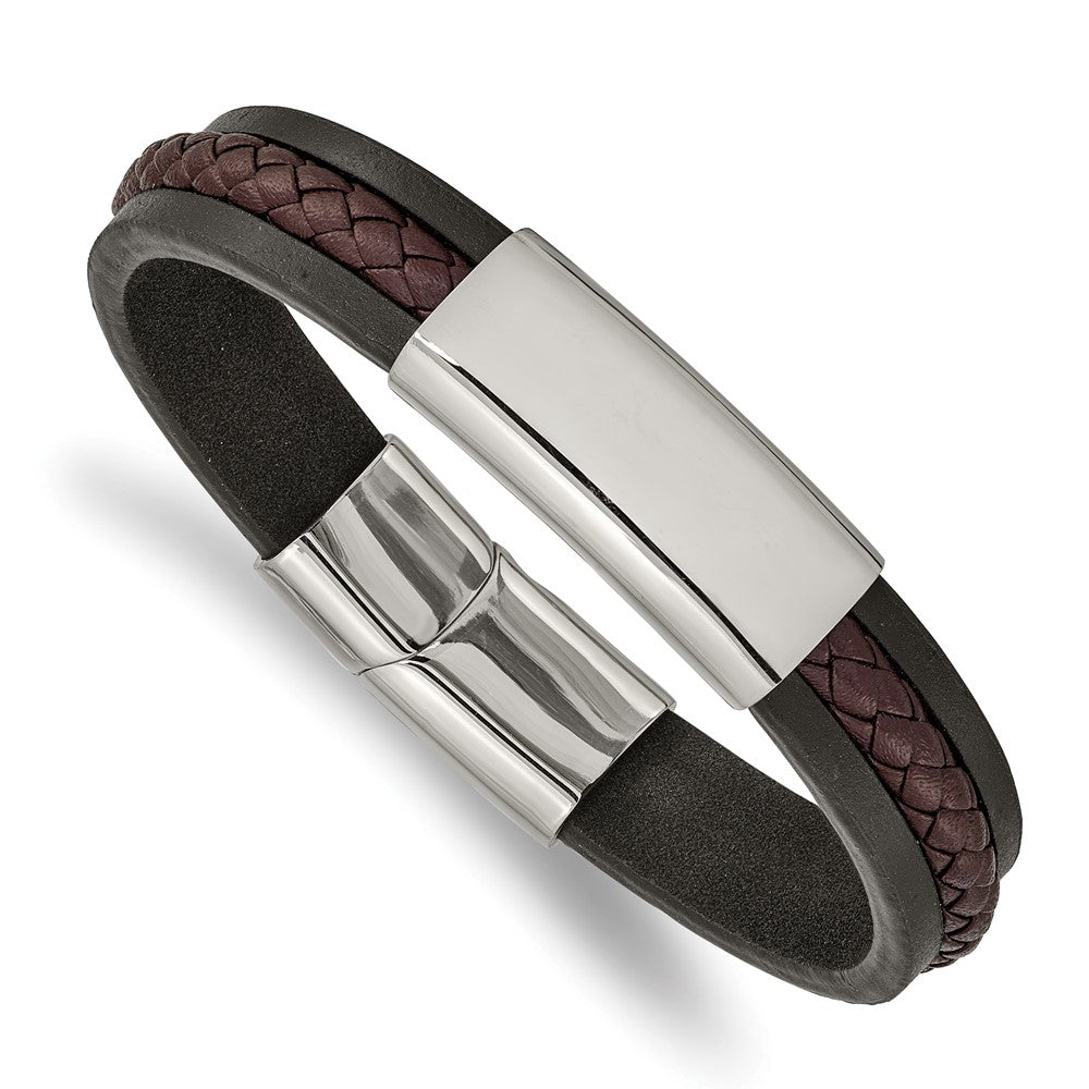 Chisel Stainless Steel Polished Black and Brown Braided Leather 8.25 inch ID Bracelet SRB2400-8.25