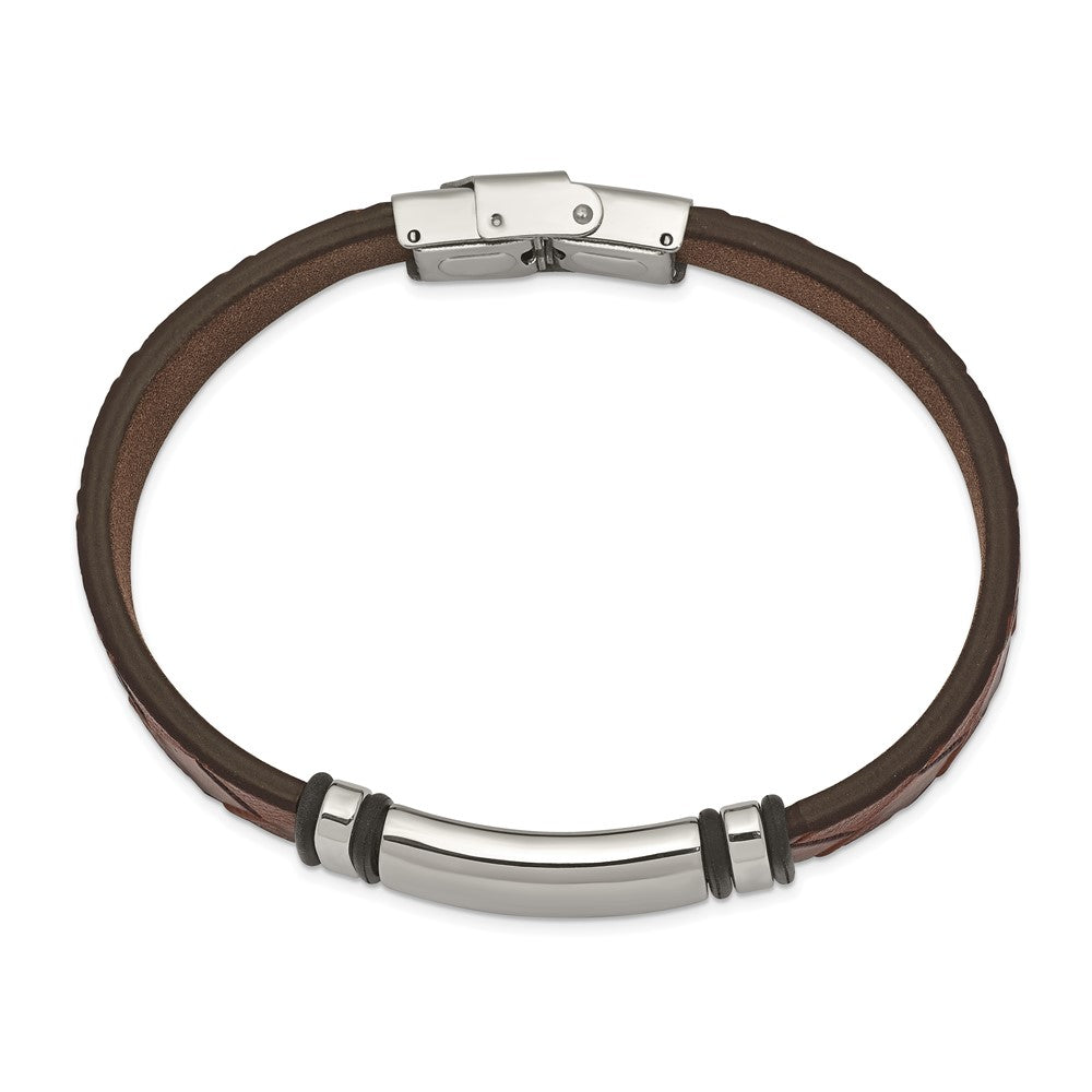 Chisel Stainless Steel Polished Brown Faux Leather with Black Rubber 8.25 inch ID Bracelet SRB2401-8.25