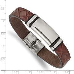 Chisel Stainless Steel Polished Brown Faux Leather with Black Rubber 8.25 inch ID Bracelet SRB2401-8.25