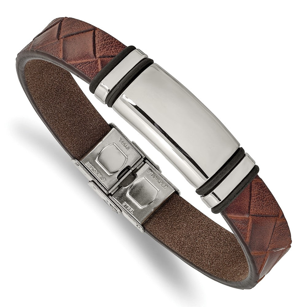 Chisel Stainless Steel Polished Brown Faux Leather with Black Rubber 8.25 inch ID Bracelet SRB2401-8.25