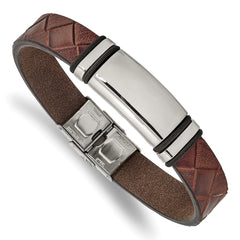 Chisel Stainless Steel Polished Brown Faux Leather with Black Rubber 8.25 inch ID Bracelet SRB2401-8.25