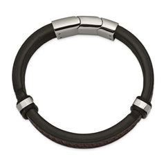 Chisel Stainless Steel Polished Black and Brown Braided Leather 8 inch Bracelet with .5 inch Extension SRB2411-8