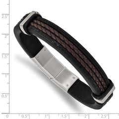 Chisel Stainless Steel Polished Black and Brown Braided Leather 8 inch Bracelet with .5 inch Extension SRB2411-8