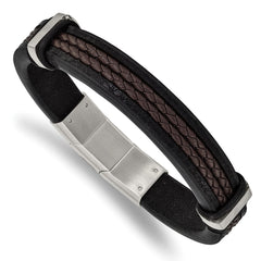 Chisel Stainless Steel Polished Black and Brown Braided Leather 8 inch Bracelet with .5 inch Extension SRB2411-8