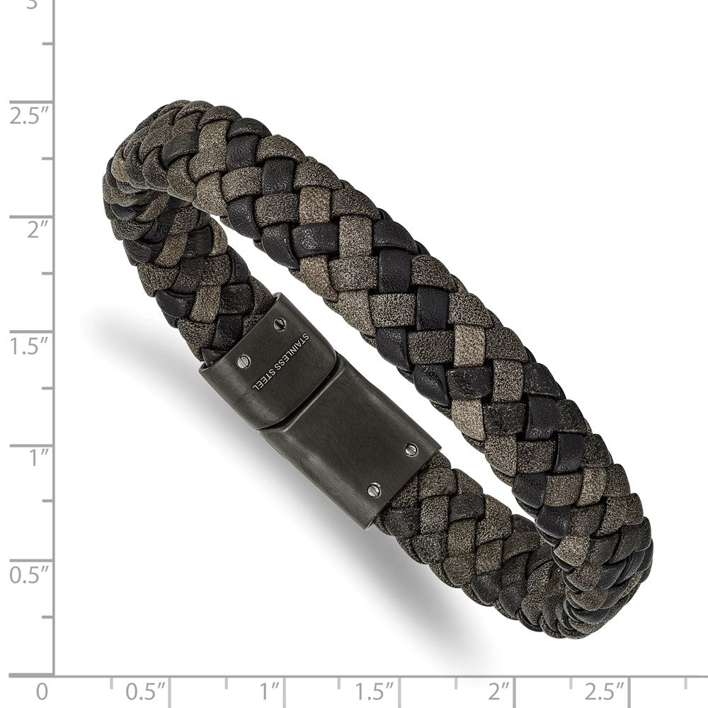 Chisel Stainless Steel Brushed Gun Metal IP-plated Brown Braided Leather 8.25 inch Bracelet SRB2417-8.25
