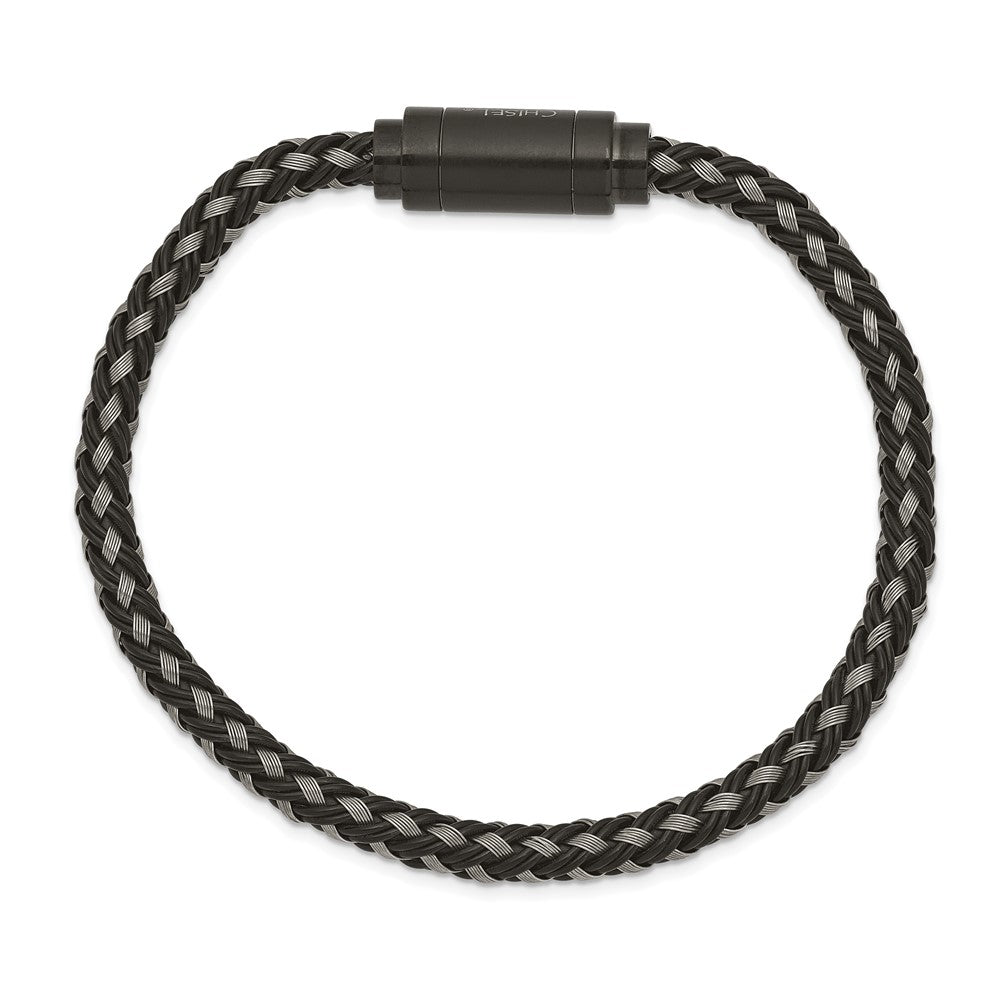 Chisel Stainless Steel Polished Black IP-plated Braided Wire and Rubber 8.25 inch Bracelet SRB2427-8.25