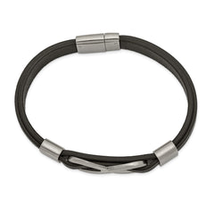 Chisel Stainless Steel Brushed and Polished Infinity Symbol Black Leather 8 inch Bracelet SRB2454-8