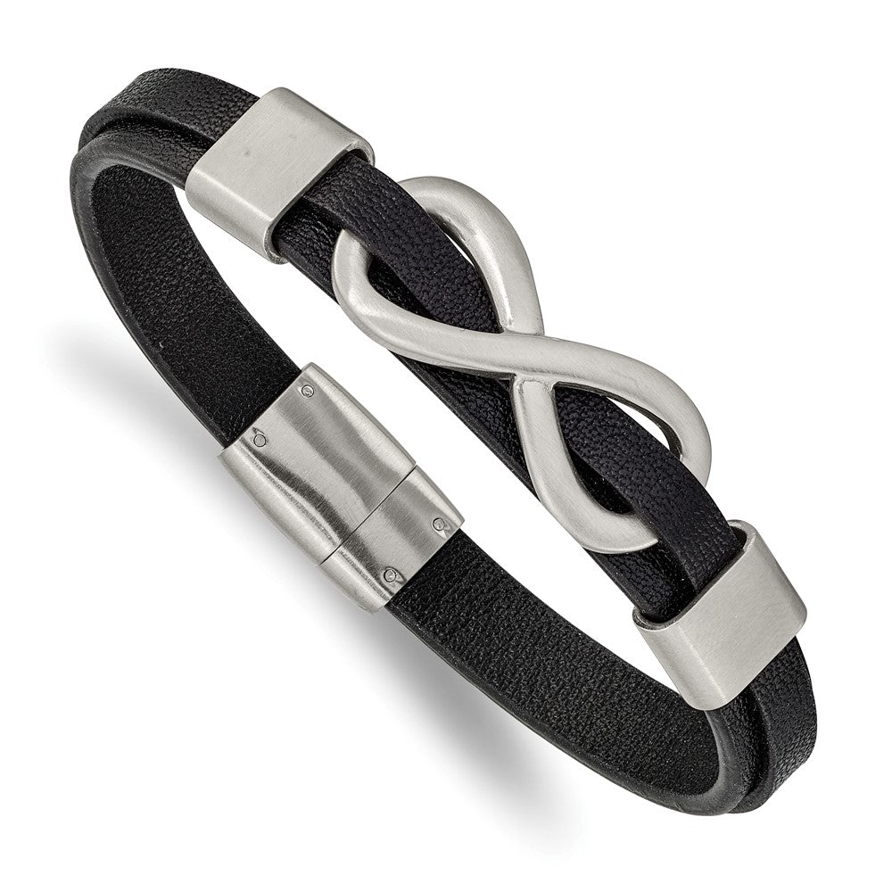 Chisel Stainless Steel Brushed and Polished Infinity Symbol Black Leather 8 inch Bracelet SRB2454-8