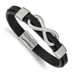 Chisel Stainless Steel Brushed and Polished Infinity Symbol Black Leather 8 inch Bracelet SRB2454-8