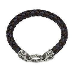 Chisel Stainless Steel Antiqued and Polished Black and Blue Braided Leather 8.25 inch Bracelet SRB2456-8.25