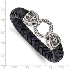Chisel Stainless Steel Antiqued and Polished Black and Blue Braided Leather 8.25 inch Bracelet SRB2456-8.25