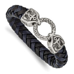 Chisel Stainless Steel Antiqued and Polished Black and Blue Braided Leather 8.25 inch Bracelet SRB2456-8.25