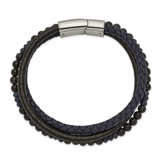 Chisel Stainless Steel Polished Multi Strand Blue Chalcedony and Tiger's Eye Beaded Black and Blue Leather 8.25 inch Bracelet SRB2462-8.25